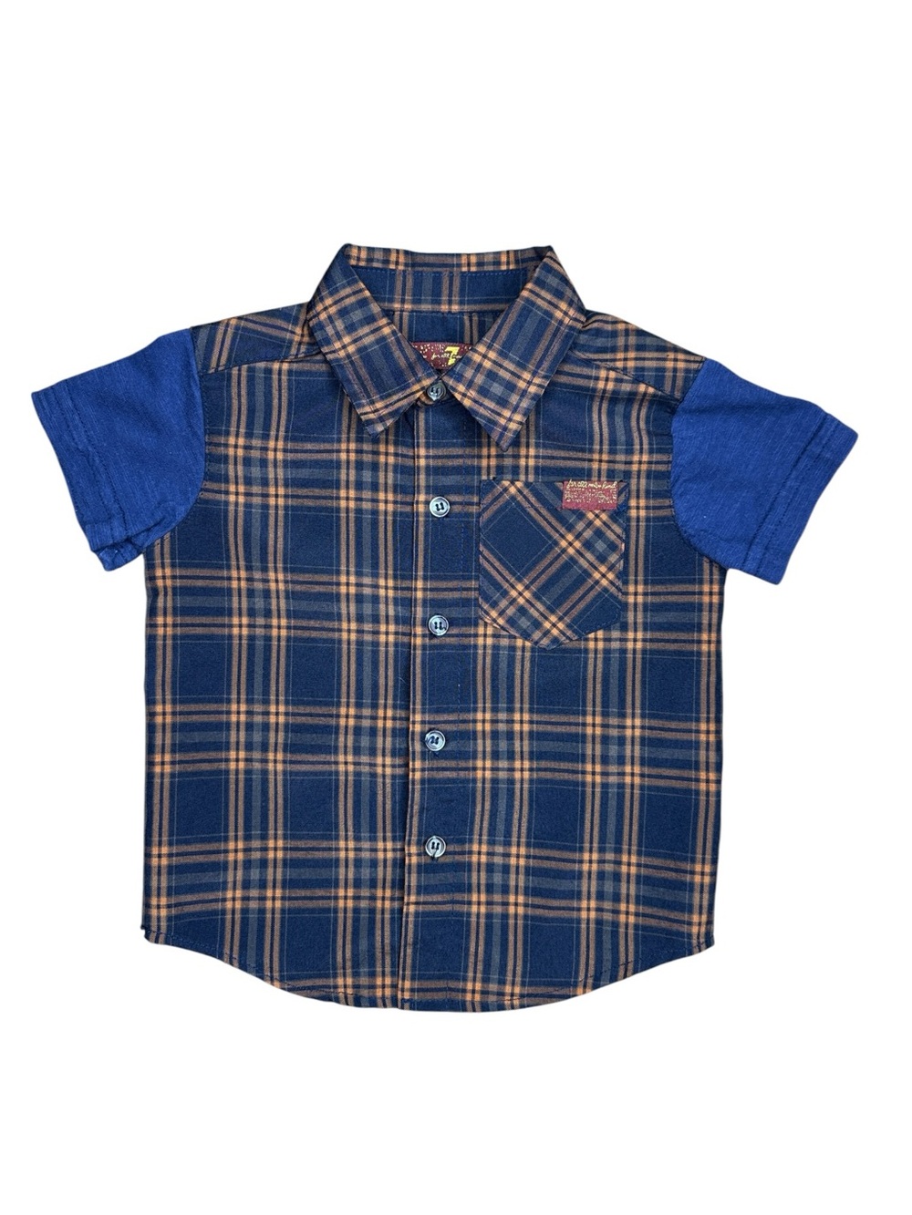 7 For All Mankind Navy & Tan Plaid Button-Down Shirt with Blue Short Sleeves